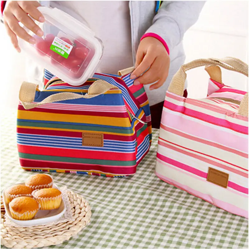 

Urijk Lunch Box for Picnic Camping Travel Portable Stripe Thermal Lunch Bag Kitchen Food Bento Container Cooler Insulation