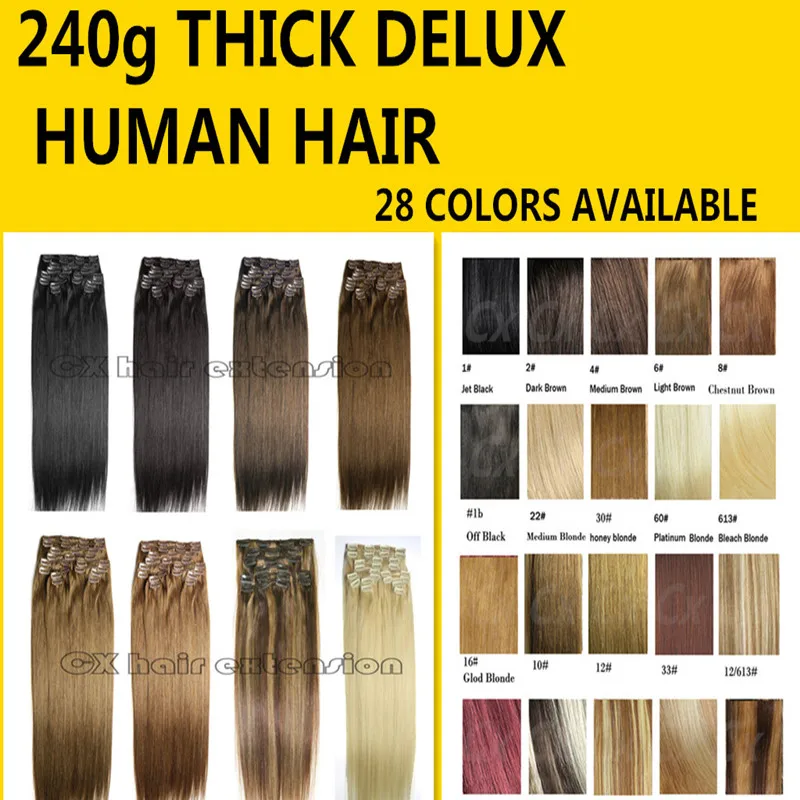 

THICKEST Full Head silk soft  remy Brazilian Human Hair Clips In/on Extensions 12pcs 240g Set 28colors for choose