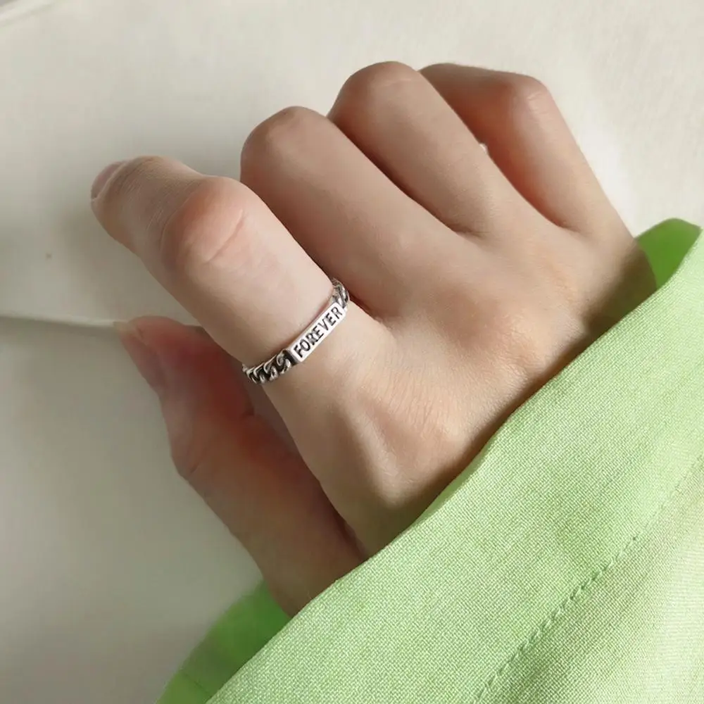 

Vintage Solid S925 Silver Rectangle Shape Letter Engraved Forever Promise Wedding Rings Chain Design Engagement Rings For Women
