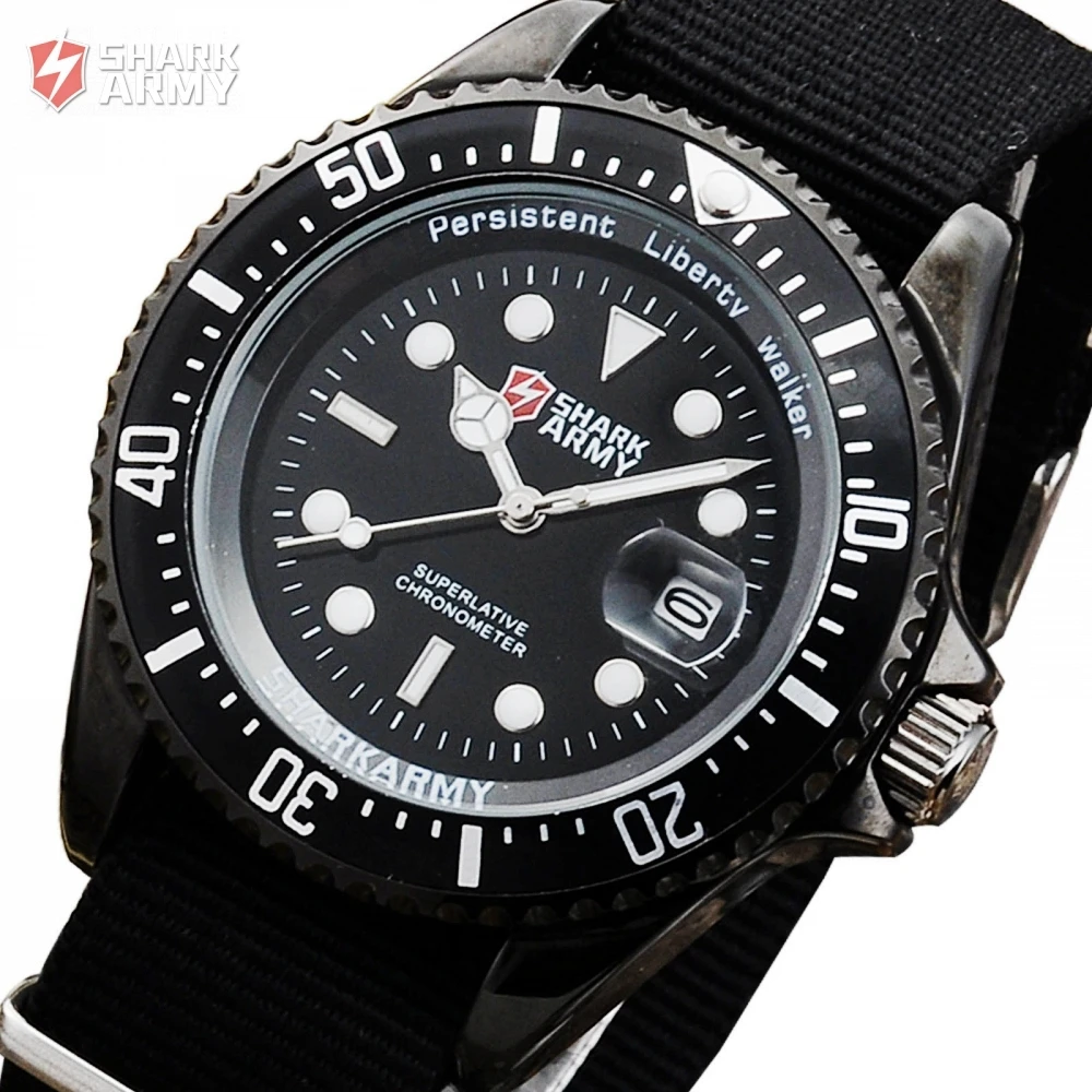 SHARK ARMY Auto Date Display Black Stainless Steel Case Nylon Fabric Strap Men Wrist Watch Quartz Sport reloj hombre Gift/SAW015