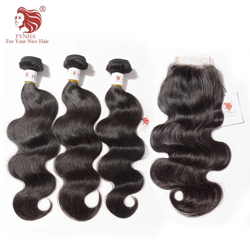 [FYNHA] Indian Virgin Human Hair Body Wave Weave 3 Bundles With Lace Closure Extensions