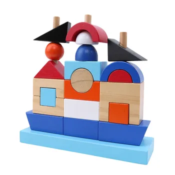 

Infant Wood Blocks Toys Pirate Ship/Boat 3 Columns Blue Geometric Shape Stacking Building Blocks For Toddlers Kindergarten Gift