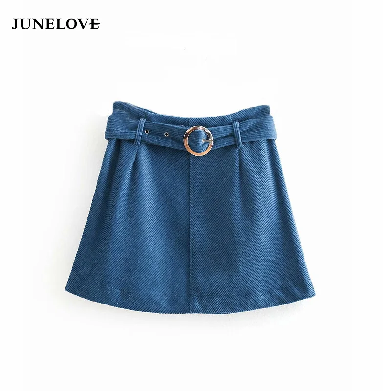 

JuneLove 2019 autumn corduroy mini skirt with belt faldas mujer high street office ladies side zipper slim wear skirt