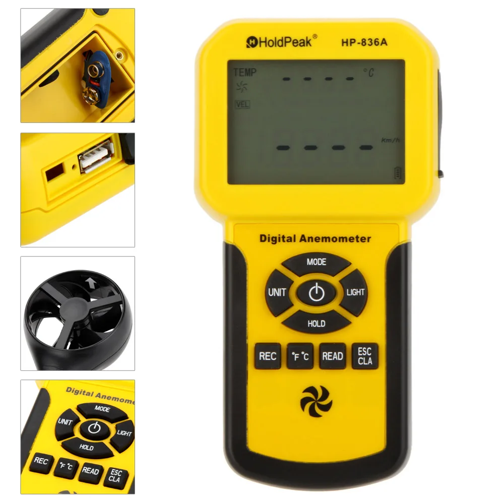 

HoldPeak HP-836A Digital Wind Speed/Temperature Meter Anemometer Handheld with Data Logger Feature and Carry Case
