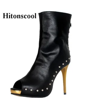 

Black Women Leather Boots Spring Ankle Boots for Women Metal High Heels Women Shoes Spikes Ankle Booties Shoes Woman