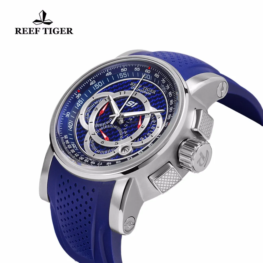US $109.20 Reef TigerRT Mens Sport Watch Chronograph Date 316L Steel Big Blue Dial Rubber Strap Quartz Watches Waterproof Relogio RGA3063
