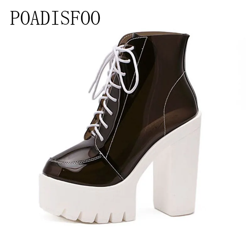 

POADISFOO 2018 Women's Square Heels Boots High Transparent Female Thick Platform Waterproof Nightclub Catwalk Boots .JXQ-5617
