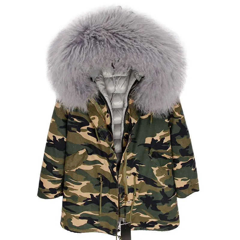 OFBUT, зимняя женская куртка, пальто с натуральным мехом, длинная парка, воротник из натурального меха монгольской овцы, гусиный пух, пальто, Толстая теплая уличная одежда - Цвет: camo grey