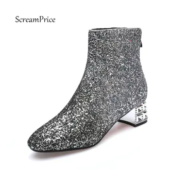 

Women Back Zipper Sequined Cloth Comfortable Square Heel Ankle Boots Fashion Mixed Colors Winter Shoes Black Gold Silver