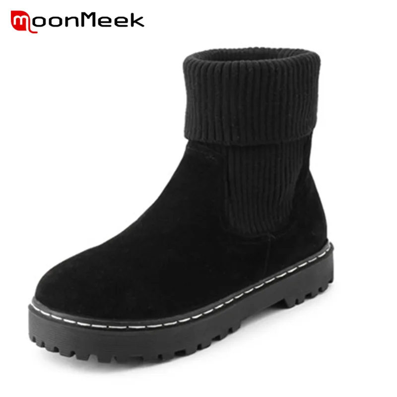 

MoonMeek new arrive 2018 fashion large size 33-43 sock boots casual low heels pu leather boots woman flat ankle boots ladies