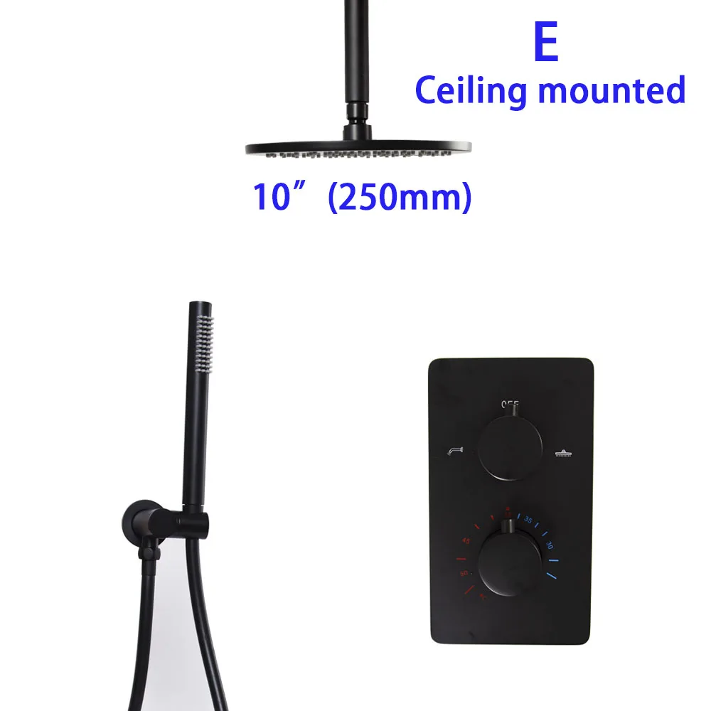 Матовый черный Термостатический смеситель для ванной комнаты, латунный душевой набор для ванной, настенный и потолочный круглый дождевой душевой комплект - Цвет: Ceiling mounted 10