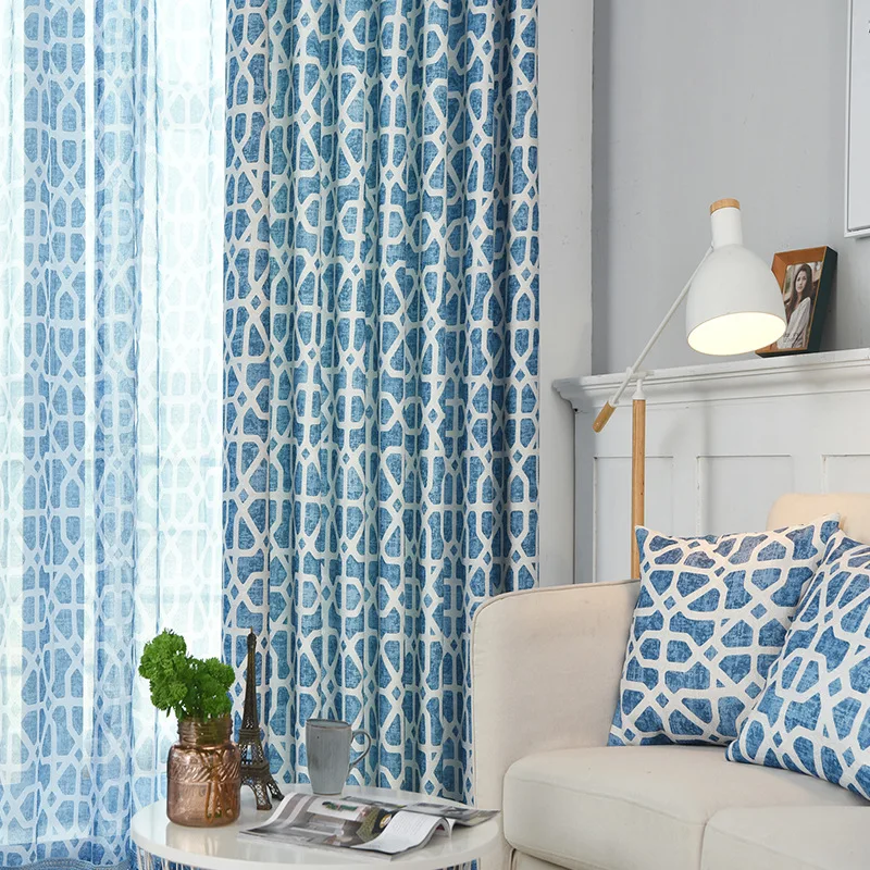 

New Printing Silk Linen Half Shade Blue Curtains for Living Dining Room Bedroom Simple Modern Curtains