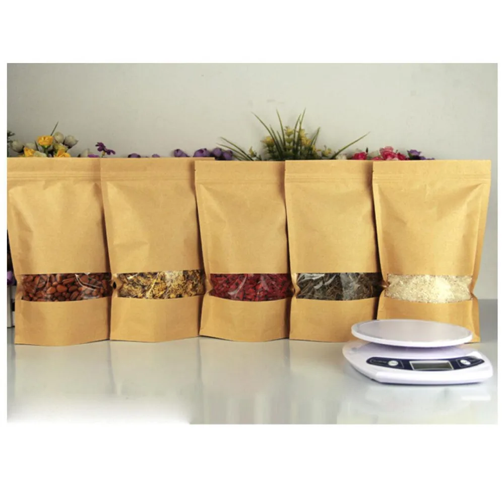 wholesale 9cmx14cm 50Pcs/Lot Matte Window Kraft Paper Glossy Doypack Packing Pouch Nut Bean Ziplock Food Storage Package Bag