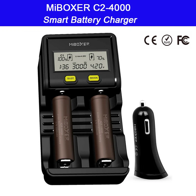 

2 slots Intelligent LCD Screen Battery Charger Miboxer C2-4000 for Li-ion/Ni-MH/Ni-Cd/LiFePO4 18650 26650 rechargeable batteries
