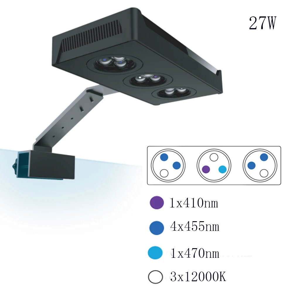 

Dimmable 27W Full Spectrum Clip-on LED Aquarium Lighting for Saltwater Coral Reef Fish Tanks