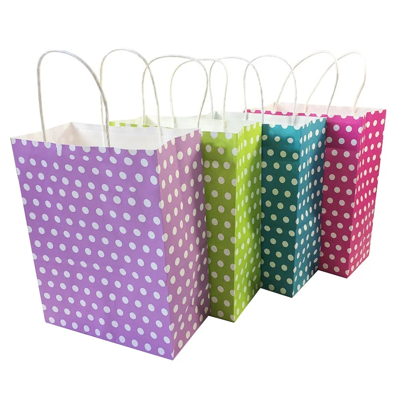 

40Pcs/lot Dot Kraft Paper Bag With Handle Party Recyclable Paper Gift Bags Environmental Protection Candy Color 27*21*11cm
