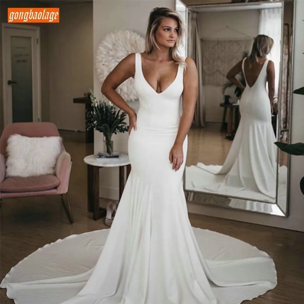 

Simple White Backless Wedding Dresses 2019 Sexy Mermaid Wedding Gowns Sleeveless Ivory Elastic Satin Slim Fit Bridal Dress Long
