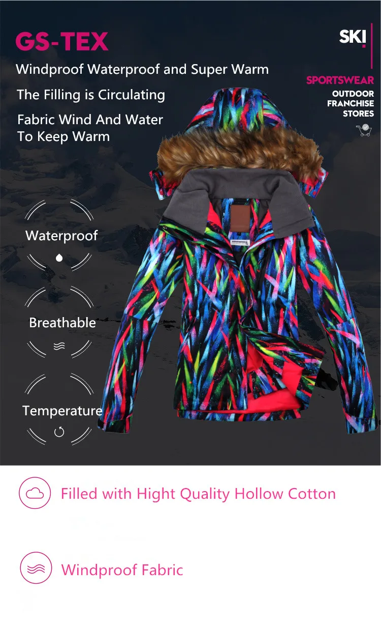 Gsou Snow/лыжи костюм Для женщин ветрозащитный Водонепроницаемый Лыжная куртка штаны супер теплый Лыжный спорт куртка для сноуборда брюки дышащий для занятий спортом на улице;