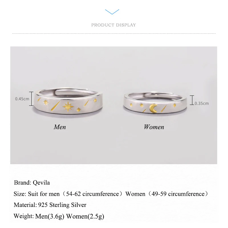  Qevila Fine Jewelry 925 Sterling Silver Rings Orignal Design Moon and Star Open Rings Engagement Wedding Ring for Women Lovers  (9)