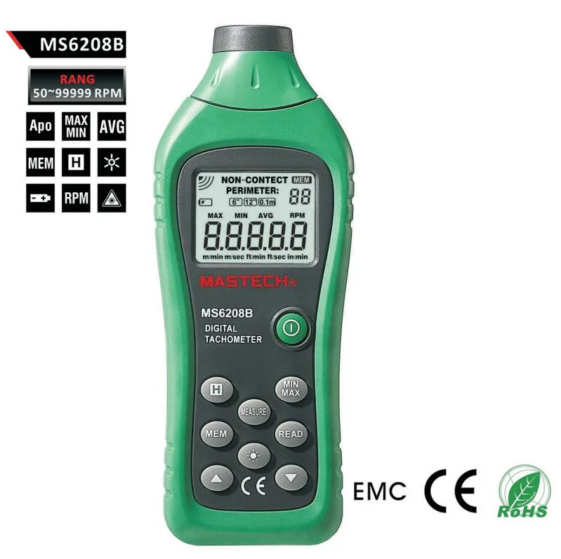 

MASTECH MS6208B lcd digital laser photo tachometer RPM meter non contact tacometro rotation speed 50RPM-99999RPM data storage