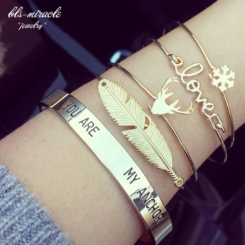 

bls-miracle 1sets=4 piece Newest Fashion accessories trendy antlers leaf snowflake mix shape cuff bracelet for women girl BA-192