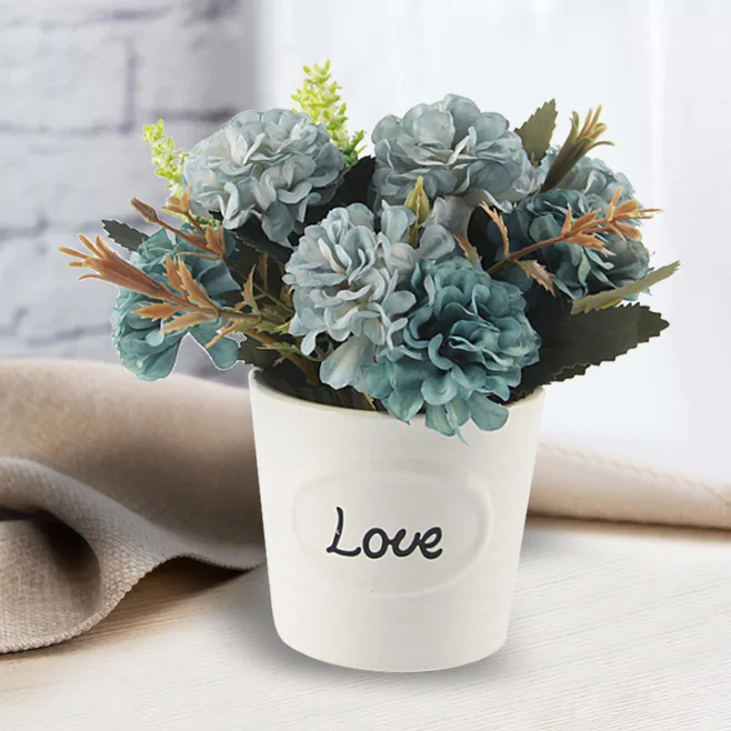 

Wedding Artificial Silk Hydrangea Flower Head Ball Chrysanthemum with Vase Ceramic Basin Fake Silk Flowers Pot Home Decor