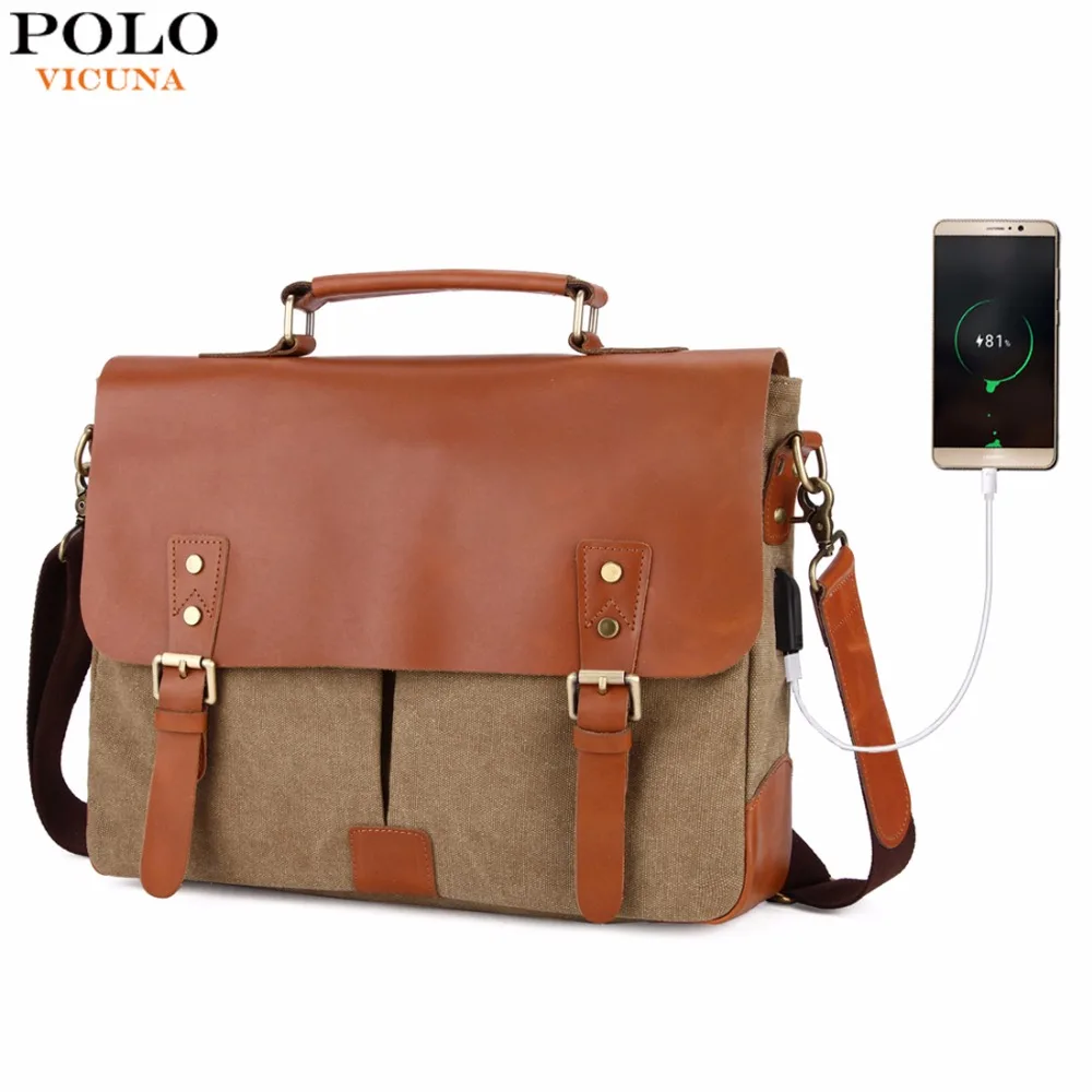 

VICUNA POLO Vintage Genuine Leather Satchel Messenger Bag For Man Canvas 14'' Men Laptop Bags Shoulder Bag Men Briefcase Handbag