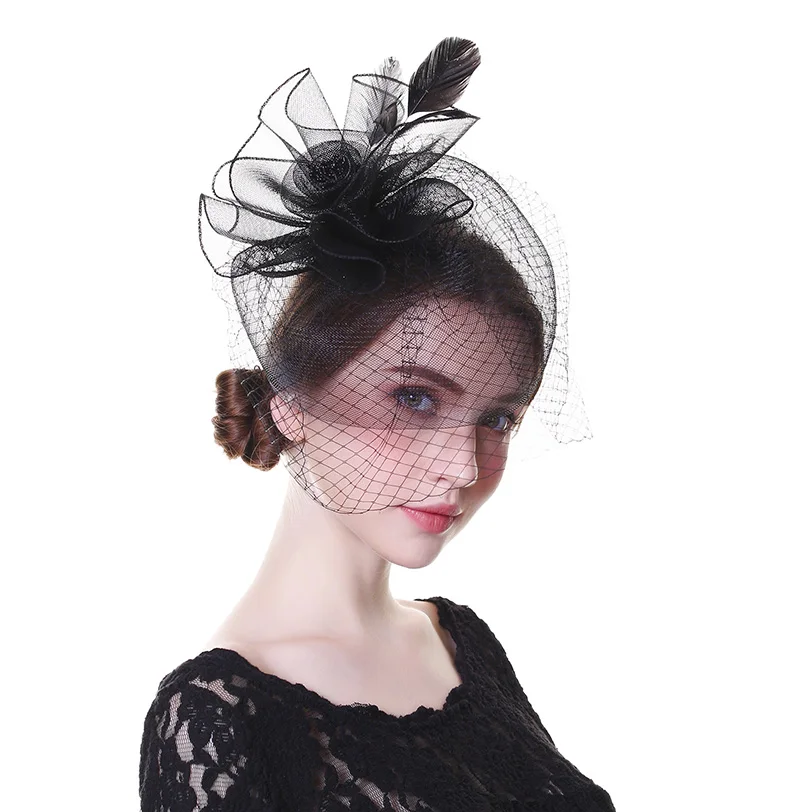 WELROG вуалетки шляпа для женщин цветок сетки ленты перья фетровые шляпы повязка на голову или клип коктейль Чай Вечерние головные уборы для девочек - Цвет: 9025-A
