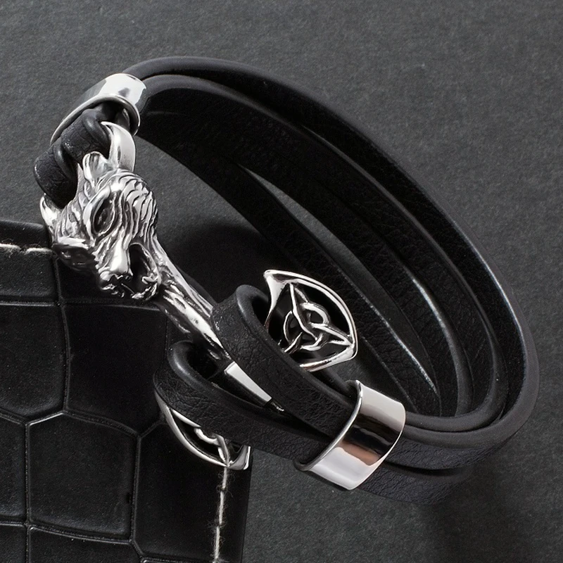 Панк Черный Кожаный Браслет Для мужчин Jewelry Нержавеющая сталь Волчья Голова Кожа Обёрточная бумага Браслеты персонализированные Мужской запястье подарки 780