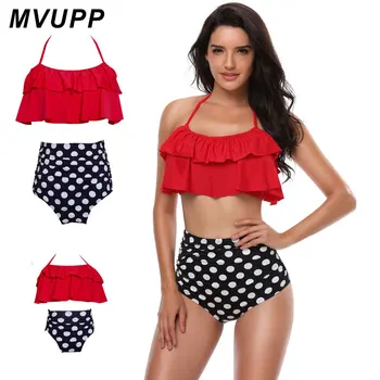 

MVUPP family matching clothes mother and daughter swimsuit flounce bikini Polka Dot Tie Wrap bathing suit family look Nylon red