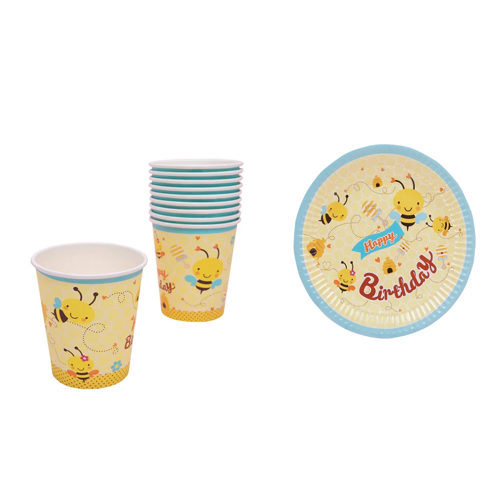 10 Sets Cute Bee Paper Disposable Plates Cups Kids Birthday Party Baby Shower