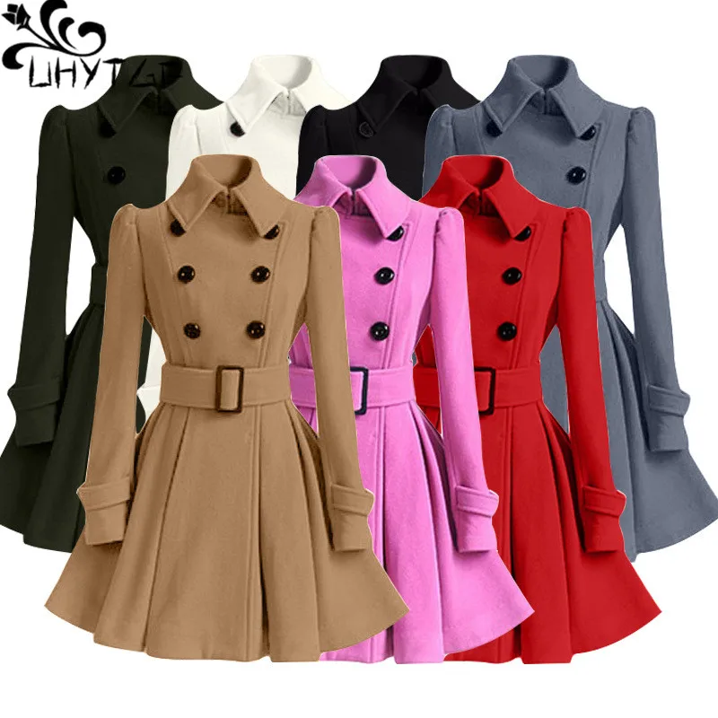 

UHYTGF Winter coat women Fashion double-breasted slim Ladies wool coat Lapel belt elegant Female Plus size Woolen outerwear1393