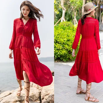

New Long Sleeve Red V Neck Hollow Out Bohemian Style Summer Dresses Maxi Beach Holiday Dress With Button Fashion Ladies Sundress
