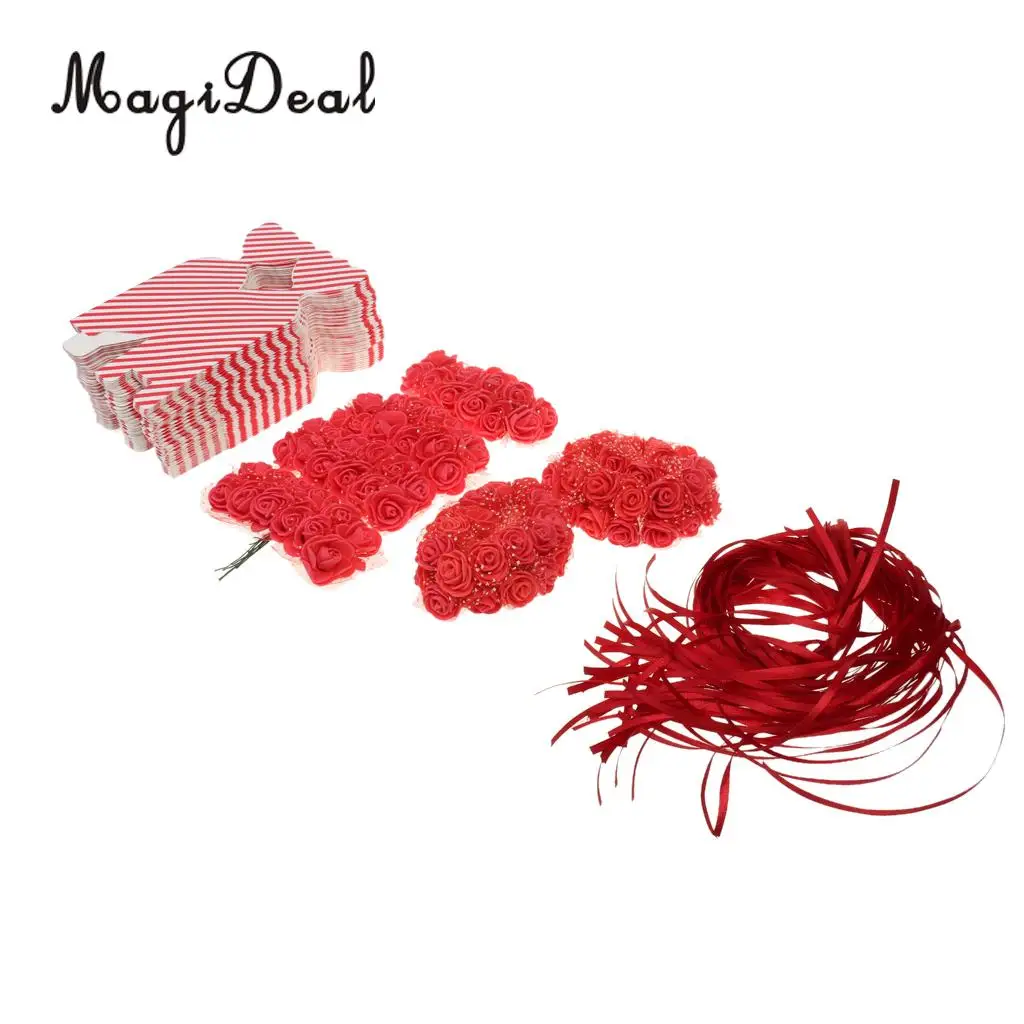 MagiDeal 50pcs Rose Flowers Ribbon Candy Gift Boxes Wedding Party Favor Decor Red