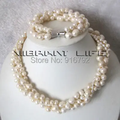 

HYFY2014320*****16/8" 4-10 White Freshwater Pearl Necklace Bracelet Set Jewelry