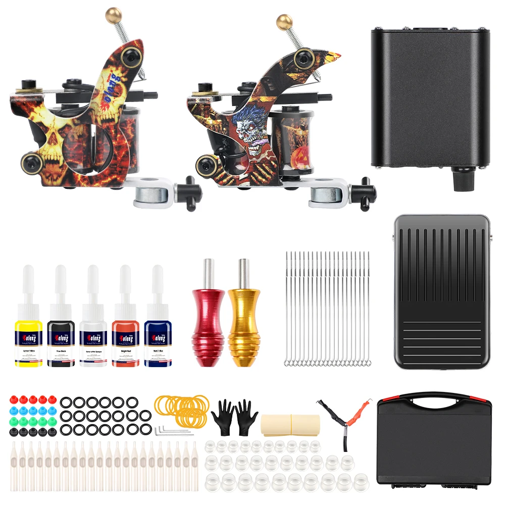 2018 Beginner 2 Pro Machine Tattoo gun Kit 5 color ink set Complete Grips Kits Permanent Makeup |