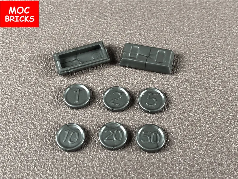 

50sets/lot MOC Bricks Dark silver gray Money Coin Utensil Ingot / Bar Building Blocks figure DIY Dolls Toys for kids Xmas gifts