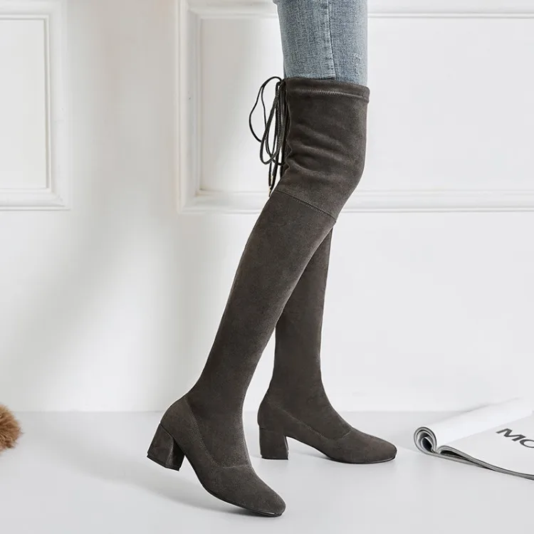 

Big Size 9 10 11 12 Square-haired solid-color bow tie with thick-heeled elastic boots