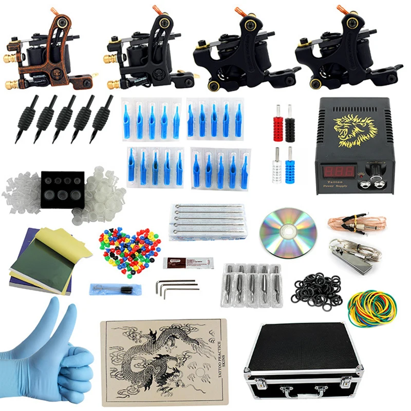 

Complete profession Tattoo kits 10 wrap coils 4 guns machine Tattoo needles set power supply disposable needle Foot pedal