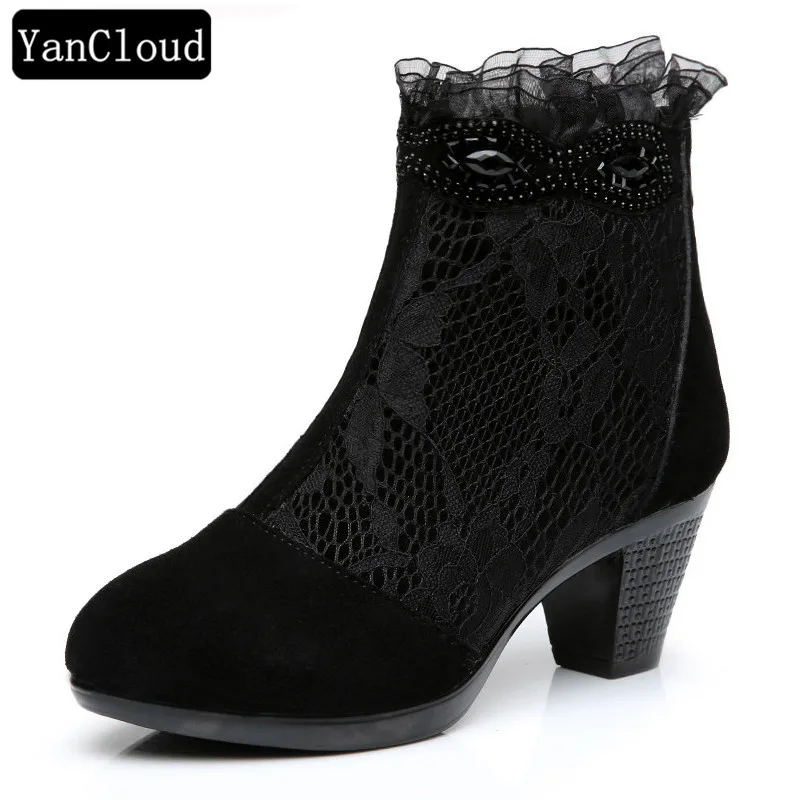 

New 2019 Fashion Breathable Women's Platform Shoes Summer Medium Heel Genuine Leather Ankle Boots Women Lace Boot