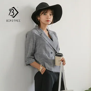 

2019 Summer New Women's Blazer Fashion Korean Houndstooth Double-breasted Three Quarter Sleeve Cotton Linen Hot Sale C96705D