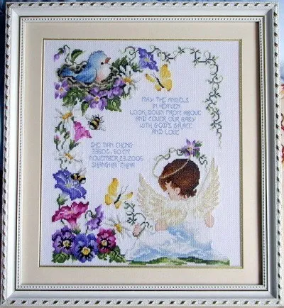 

Fishxx Cross Stitch Kit T048 Character Series Angel Baby DIY Birthday Letter Decorated Flower and Bird Pattern