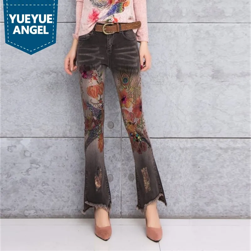

Spring 2019 Stretch Printed Tassel Slim Flare Jeans Women European Style Vintage Street Zip Denim Pants Female Streetwear S-2XL