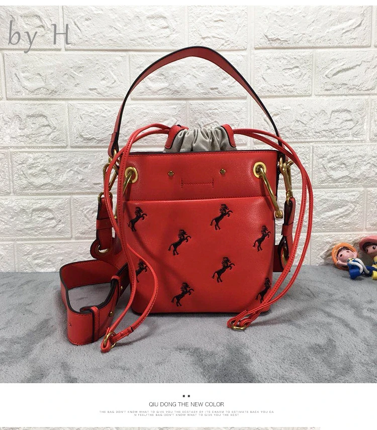 

by H luxury designers genuine leather Horse Embroidered Bucket Bag String Closure Femal Top-handl