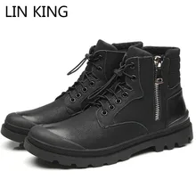 LIN KING/Винтажные черные мужские мотоциклетные ботинки на шнуровке; рабочие защитные ботинки; высокие армейские ботинки на молнии; мужские ботинки