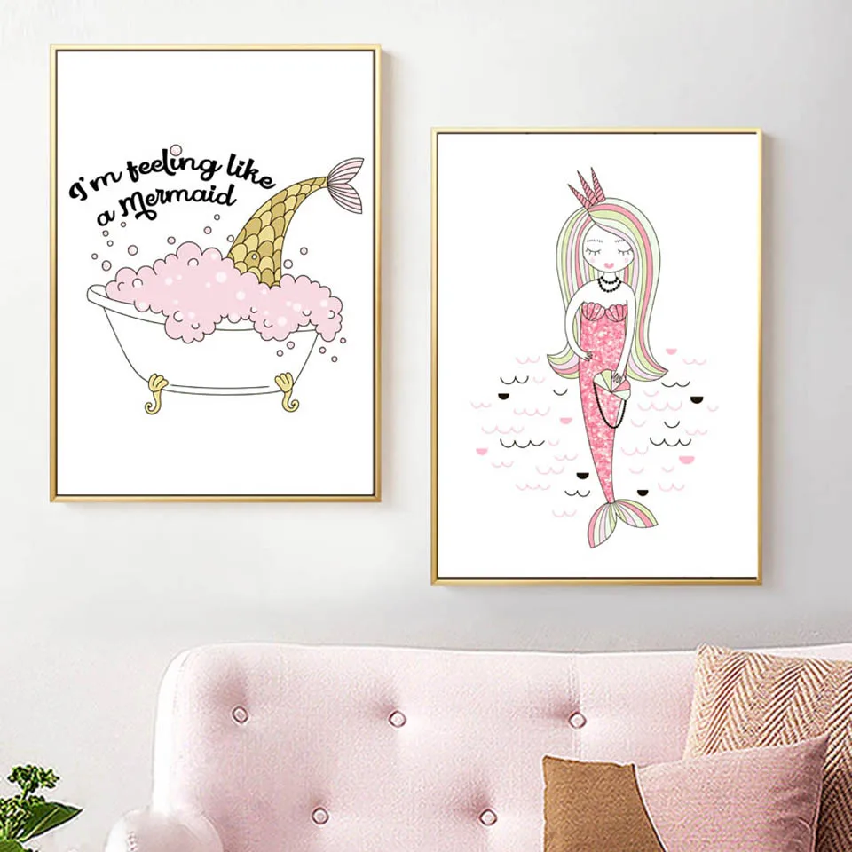 Cartoon-Mermaid-Princess-Cat-Fish-Wall-Art-Canvas-Painting-Nordic-Posters-And-Prints-Wall-Pictures-Baby