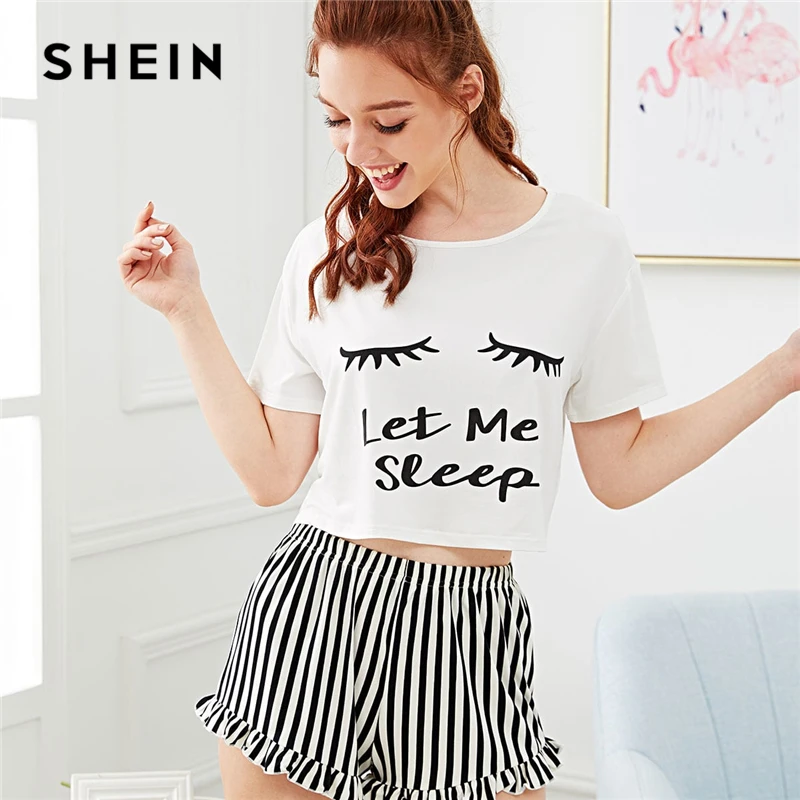 SHEIN, черная футболка с рисунком, шорты в полоску, PJ, круглый вырез, короткий рукав, набор,, летняя женская пижама в стиле пэчворк