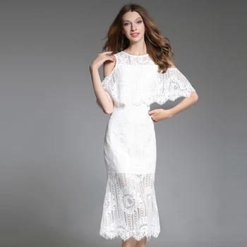 

new 2018 Hollow out sexy lace dress off-the-shoulder white dresses with batwing cape vestidos European fashion S-XXL high quali