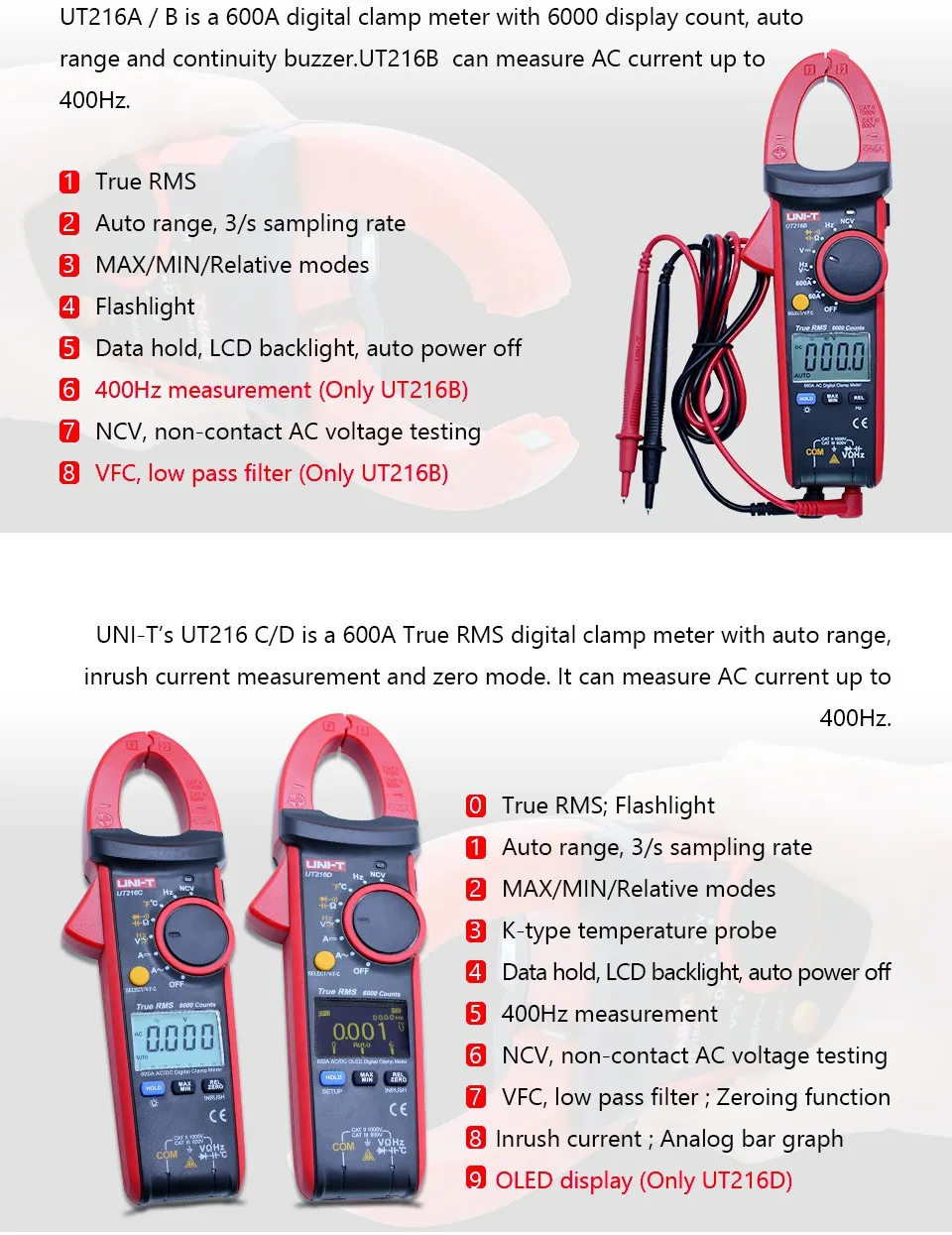 UNI-T UT216C Цифровые токоизмерительные клещи True RMS 600A NCV v.f. C диод ЖК-дисплей рабочий светильник температурный тест AC DC Автоматический диапазон мультиметры