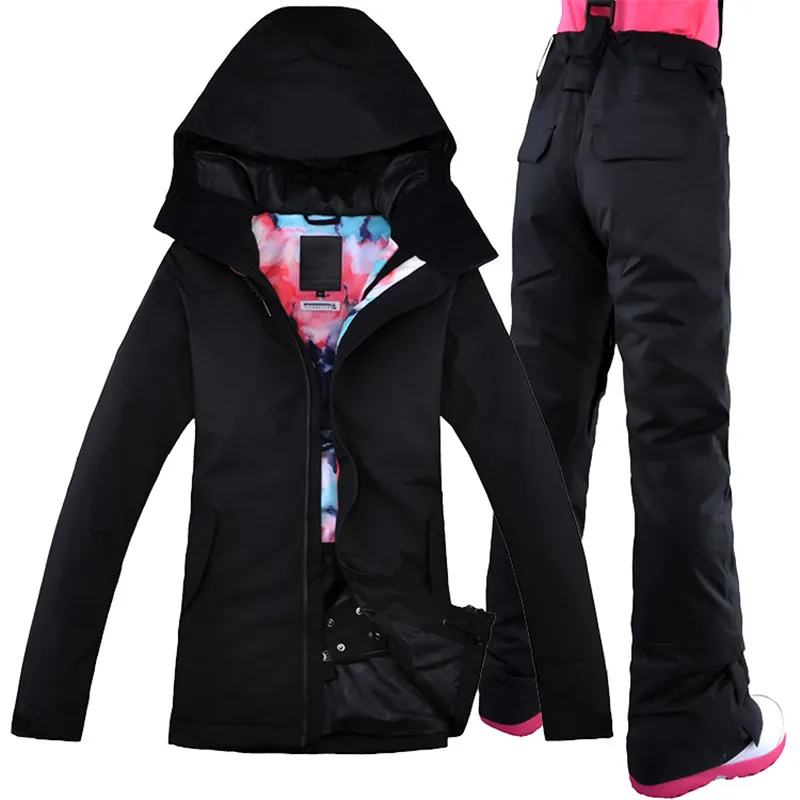 Лыжный костюм gsou, водонепроницаемый дышащий Женский, черное пальто, лыжная куртка+ брюки, ТермоЗащита, ветрозащитный